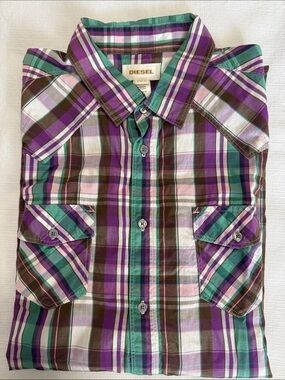 Diesel Men's Plaid Button-Up Shirt - Purple, Green, White